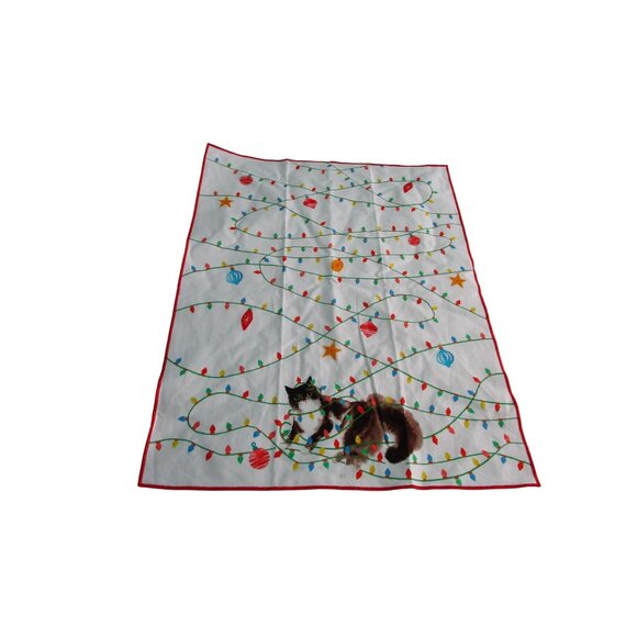 Anthropologie Christmas Cat Wrapped In Lights Dishtowel Cotton NWT - Picture 3 of 13